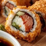A mouth-watering close-up of crispy tempura sushi rolls fresh from