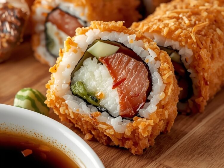 A mouth-watering close-up of crispy tempura sushi rolls fresh from