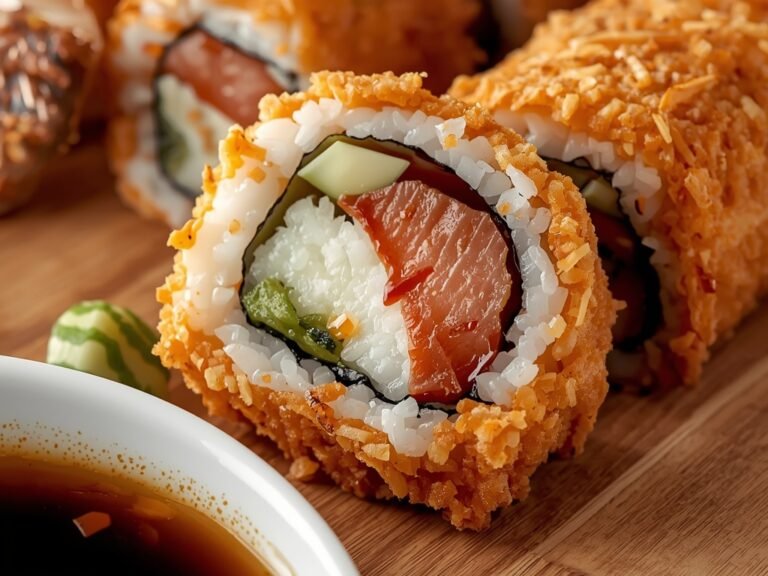 A mouth-watering close-up of crispy tempura sushi rolls fresh from