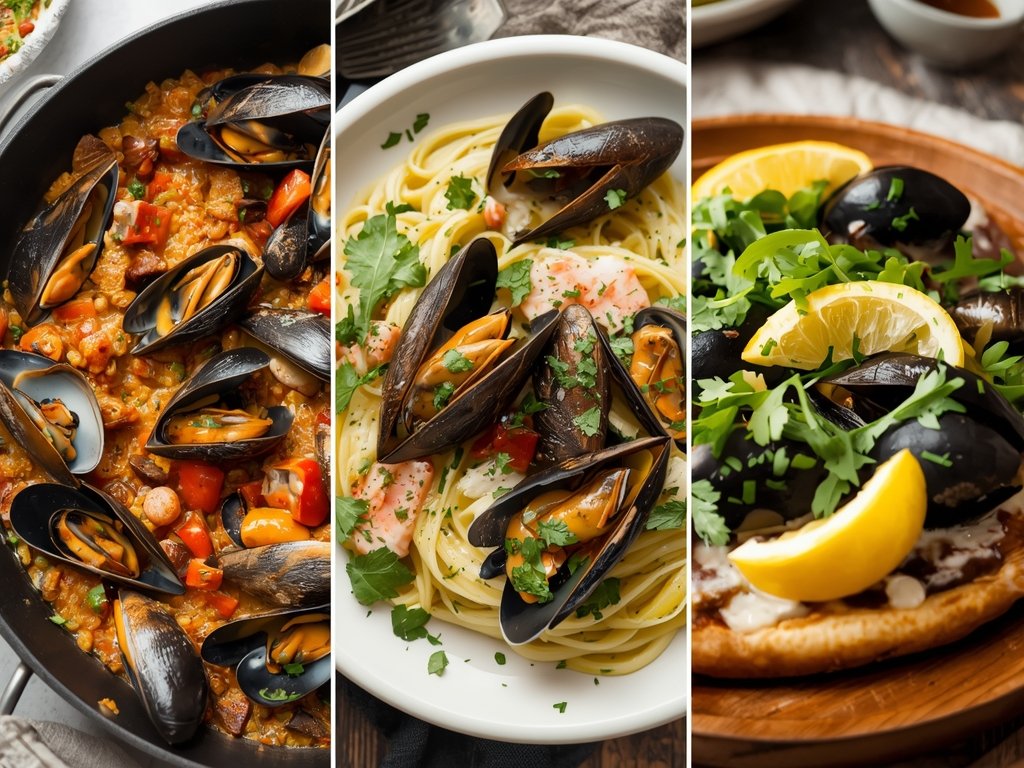 A mouth-watering collage of creative dishes made with reheated mussels,