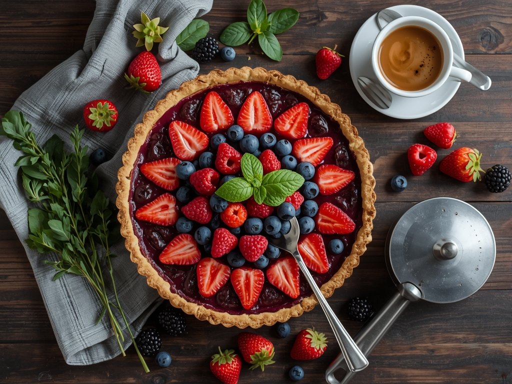 A mouth-watering flat lay of a homemade berry tart, surrounded