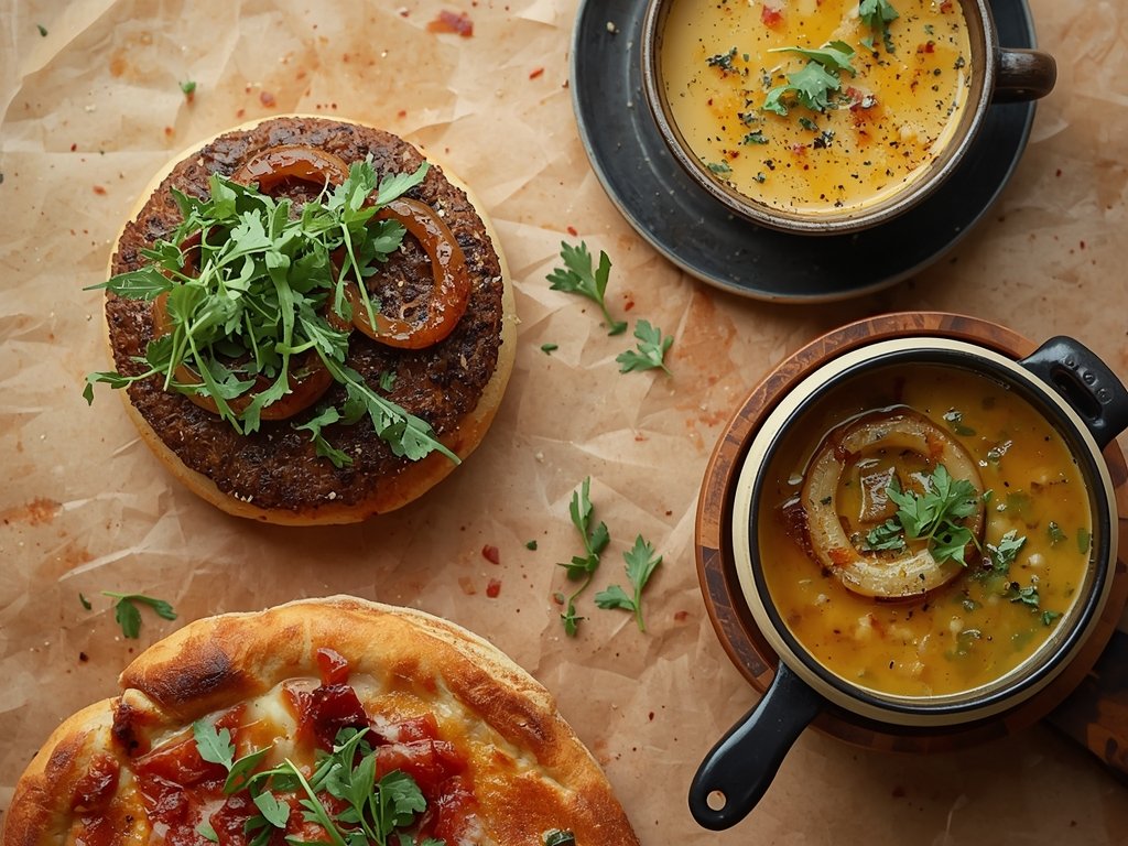 A mouthwatering flat lay of a burger with caramelized onions,