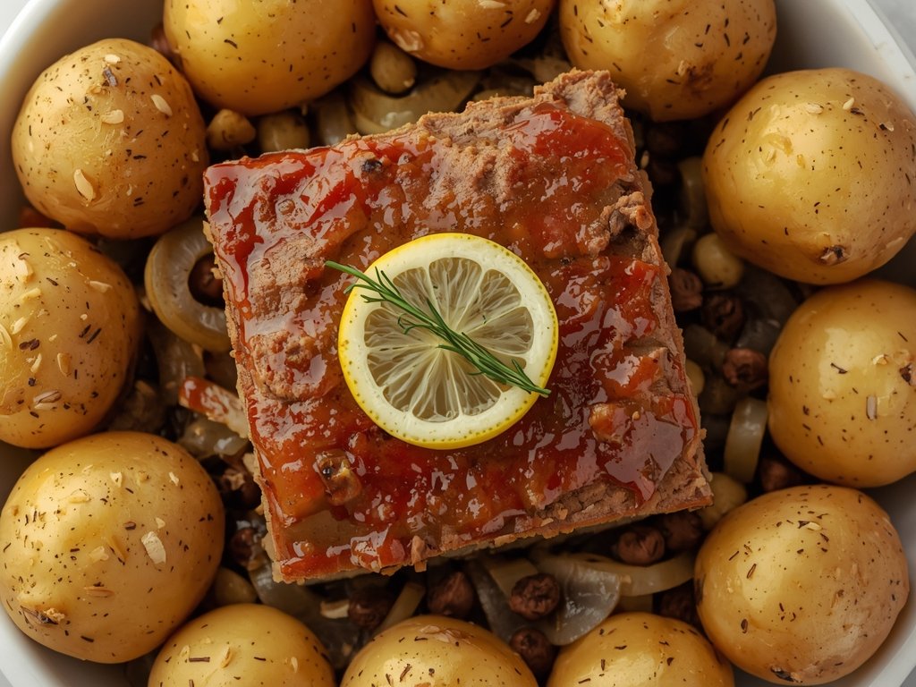 A mouthwatering image of a classic American dish, like meatloaf