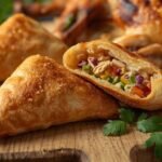A mouthwatering image of a crispy samosa with a flaky