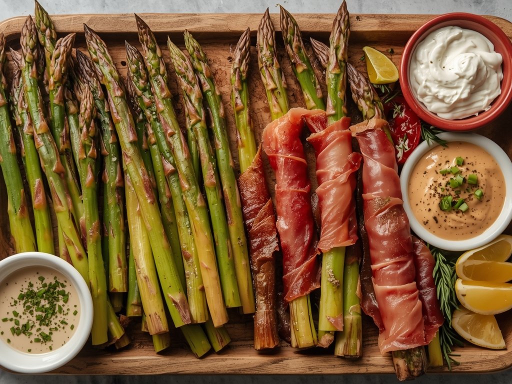 A mouthwatering platter of roasted asparagus, grilled asparagus, and asparagus