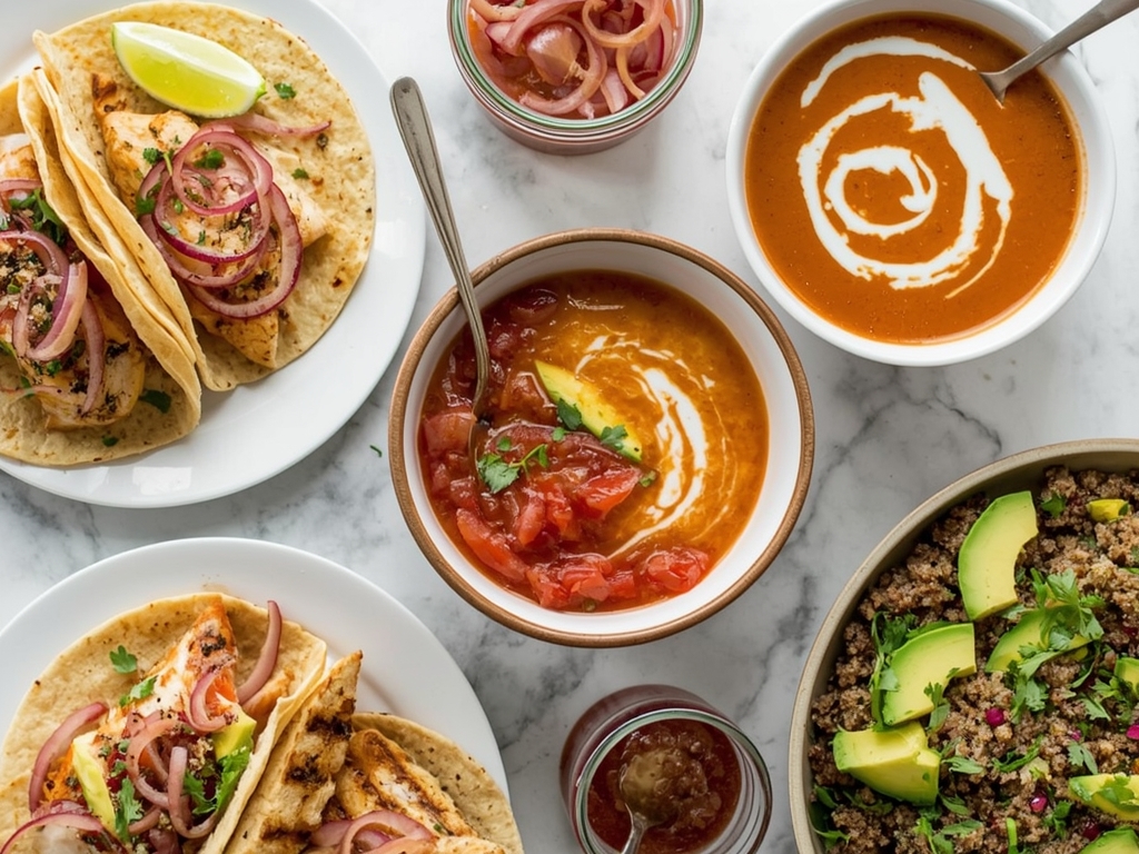 A mouthwatering spread of dishes featuring pickled onions, including fish