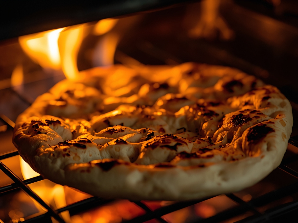 A naan bread bubbling and charring under a fierce broiler,