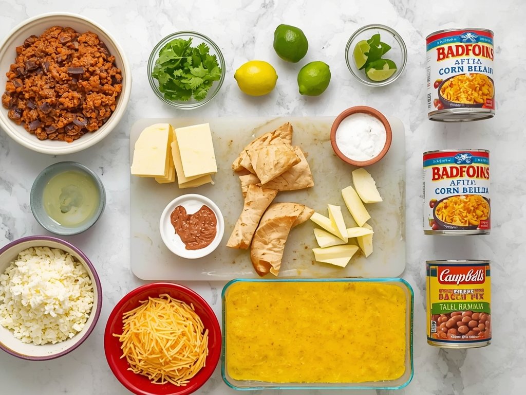 A neatly arranged collection of casserole ingredients: cooked taco meat,