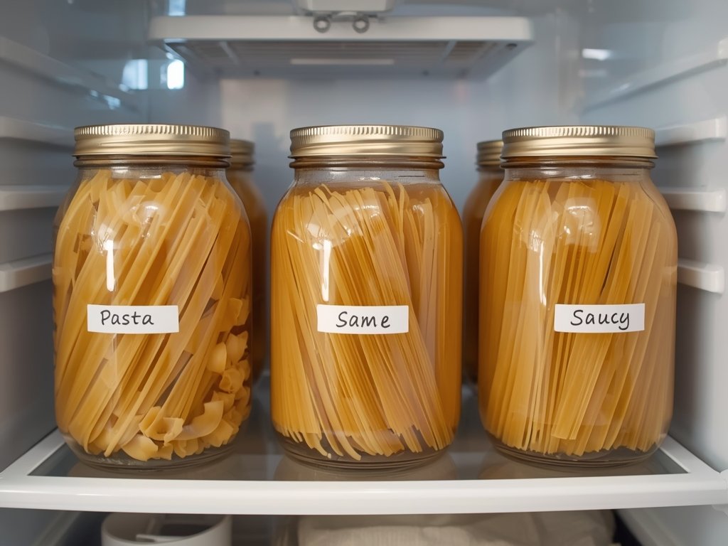 A neatly organized refrigerator with labeled jars of stored pasta