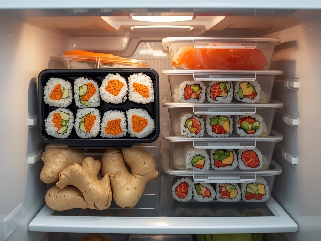 A neatly organized refrigerator with leftover sushi stored in airtight