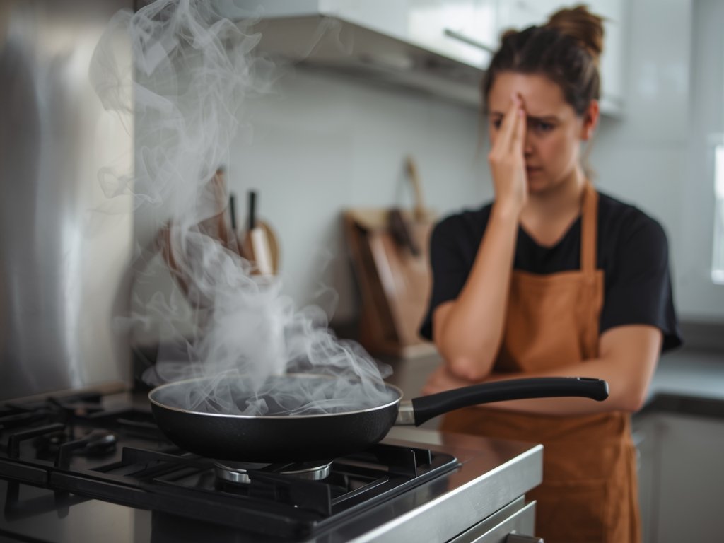A non-stick pan on a stovetop emitting a cloud of