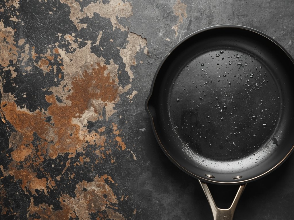 A non-stick pan with a discolored, brownish surface, contrasted with