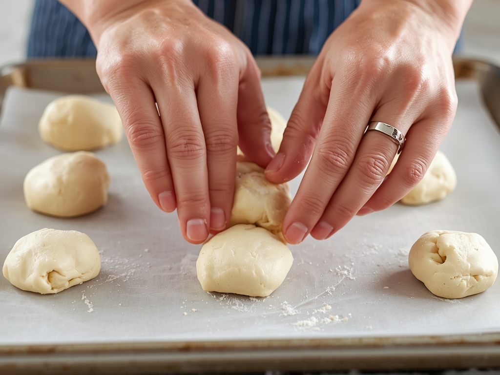 A pair of hands shaping a pizza dough ball, with