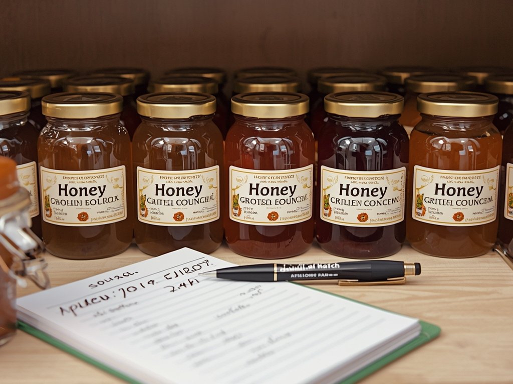 A pantry shelf stocked with various types of honey, each