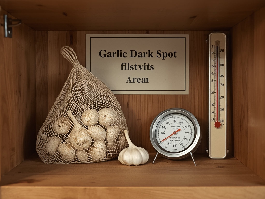 A pantry shelf with a labeled "Garlic Dark Spot" area,