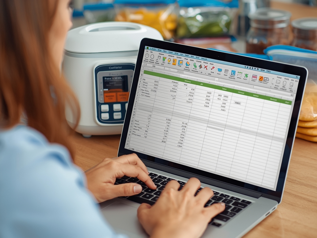 A person at a laptop, analyzing a spreadsheet with grocery