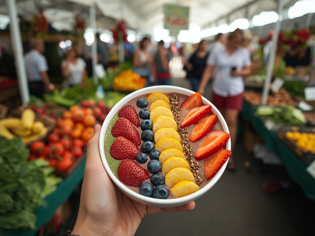 A person holding a colorful smoothie bowl, garnished with fresh