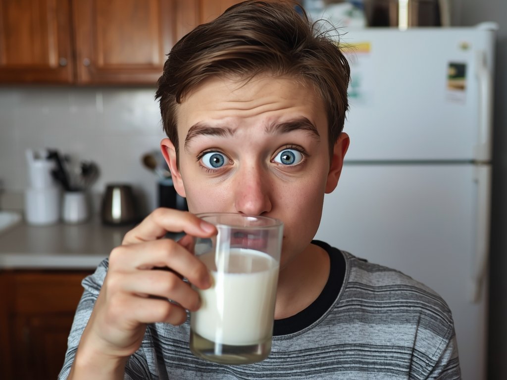 A person holding a glass of milk to their nose,
