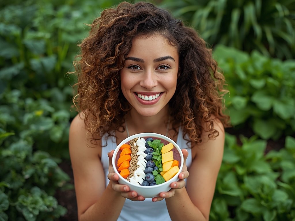 A person holding a smoothie bowl, looking vibrant and healthy,