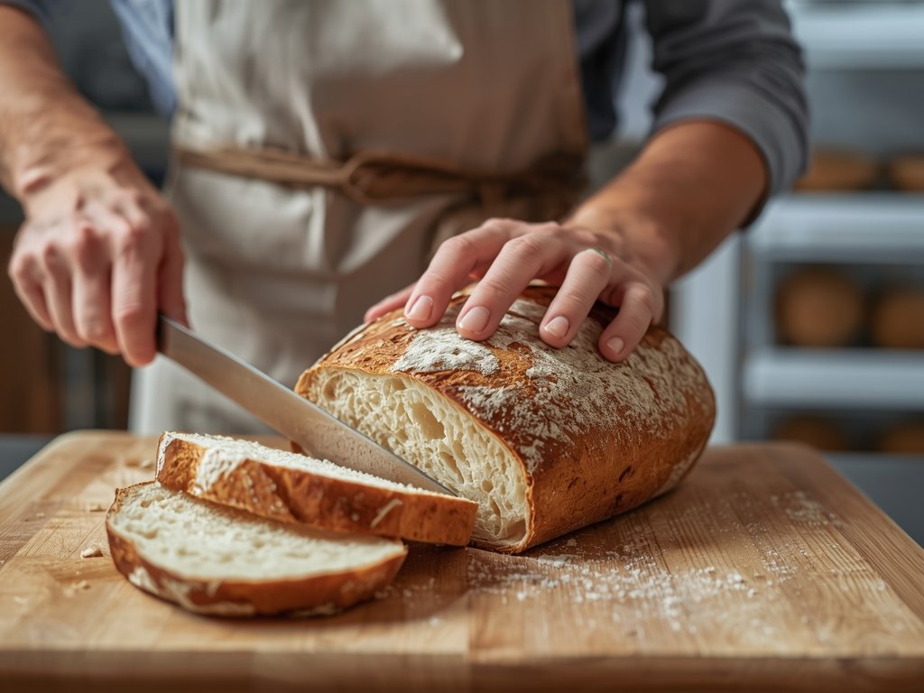 A person slicing a loaf of sourdough, with a bread