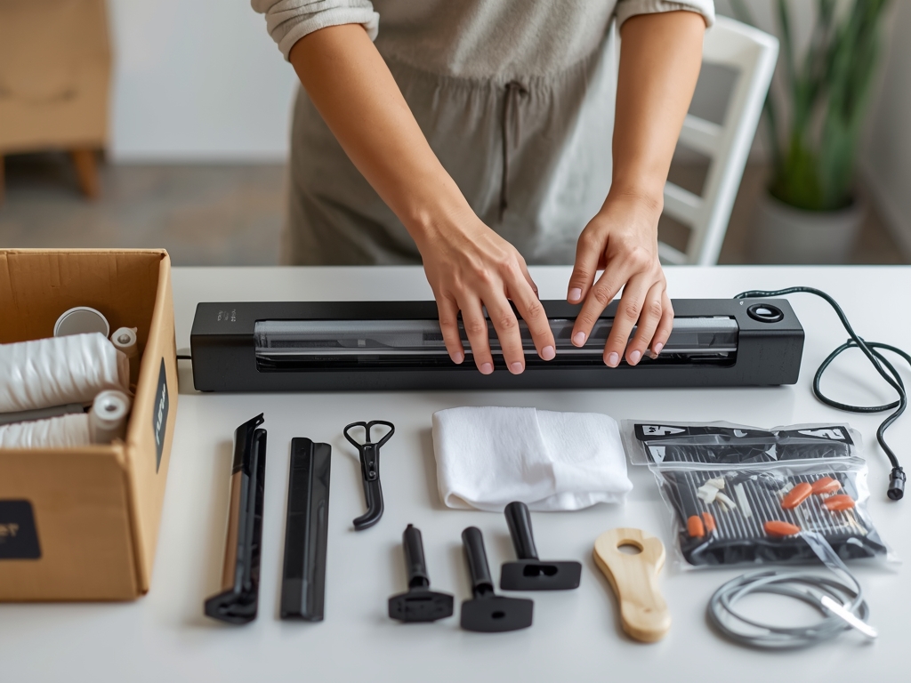 A person unboxing a vacuum sealer, with the machine and