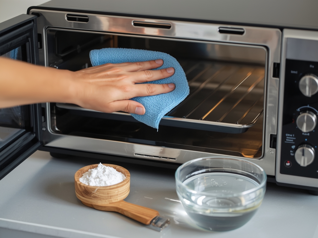 A person using a microfiber cloth to wipe down the