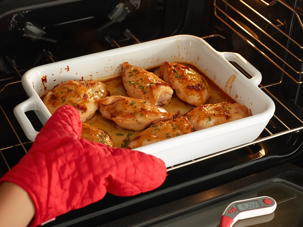 A person using oven mitts to remove a baking dish