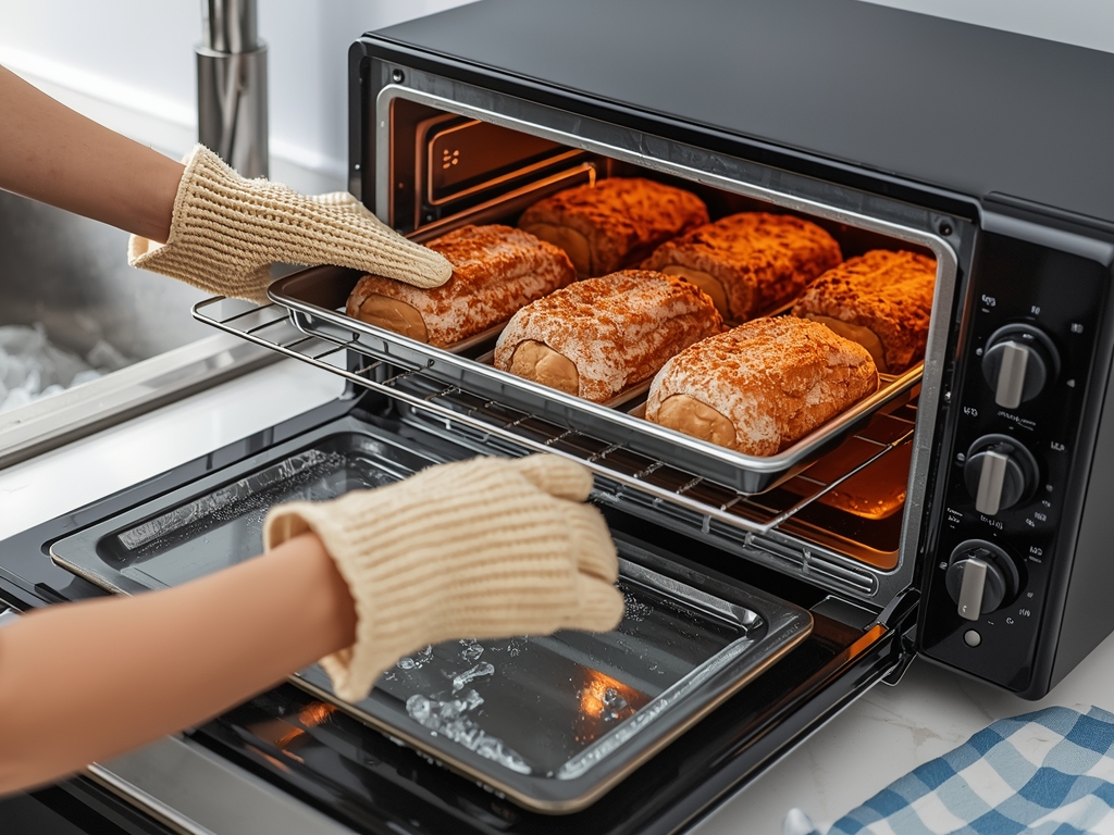 A person wearing oven mitts carefully removing a toaster oven's