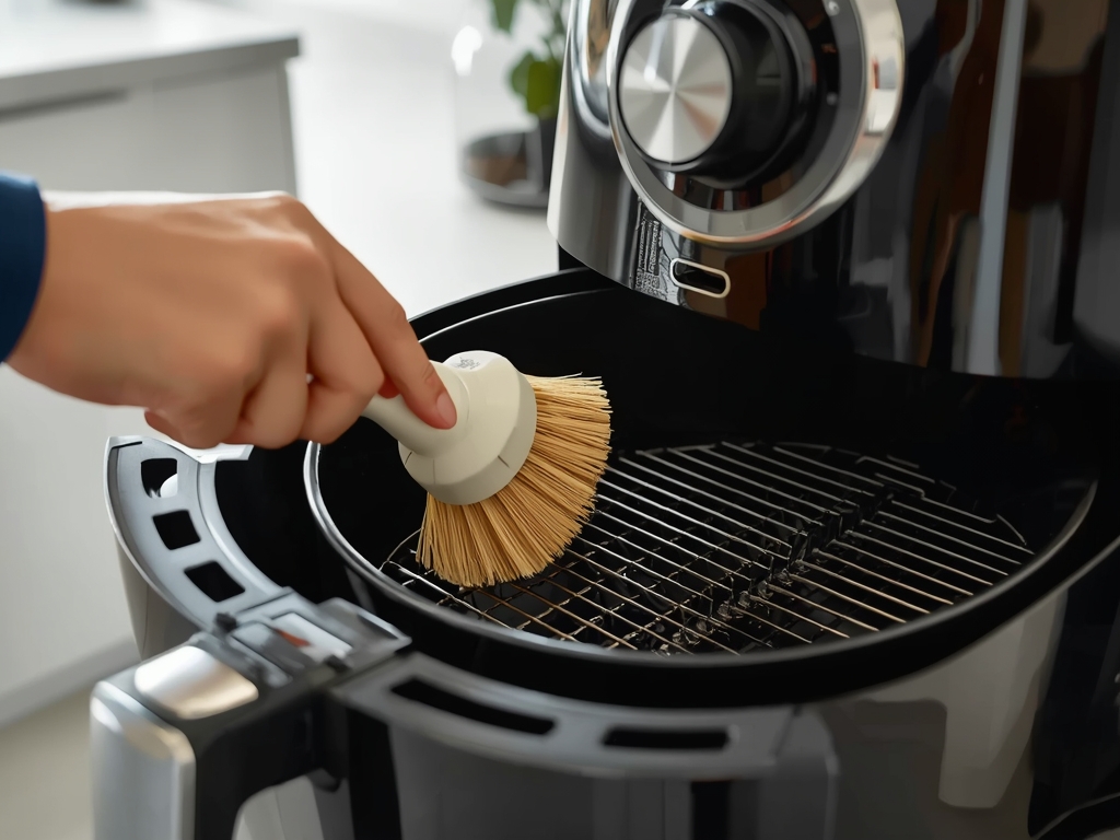 A person's hand gently brushing the air fryer coils with