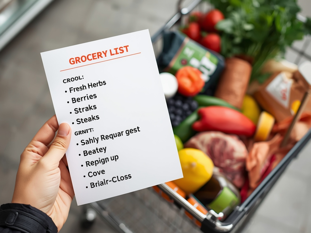 A person's hand holding a grocery list with items like