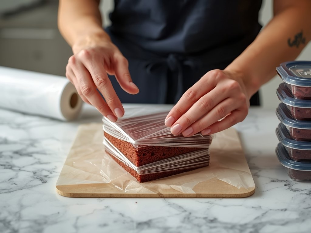A person's hands carefully wrapping a slice of red velvet