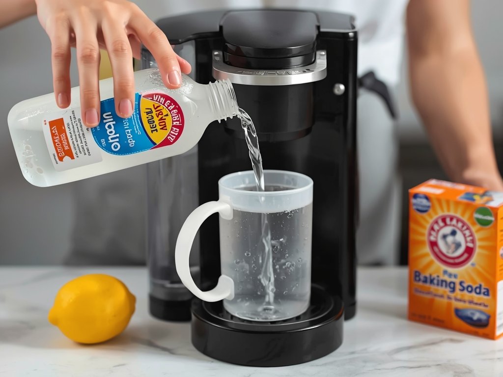 A person's hands pouring a mixture of vinegar and water