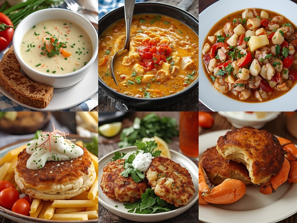 A photorealistic collage of regional seafood dishes from across the