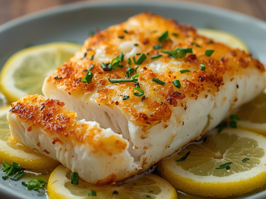 A photorealistic image of a beautifully presented baked cod dish,