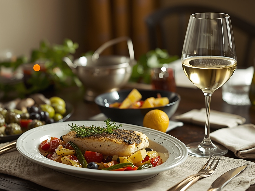 A photorealistic image of a beautifully set dinner table, featuring