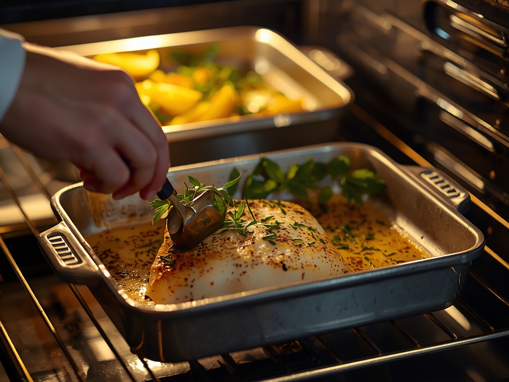 A photorealistic image of a chef carefully placing a seasoned