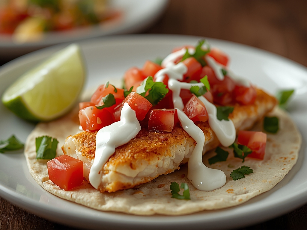 A photorealistic image of a colorful, mouthwatering fish taco, with