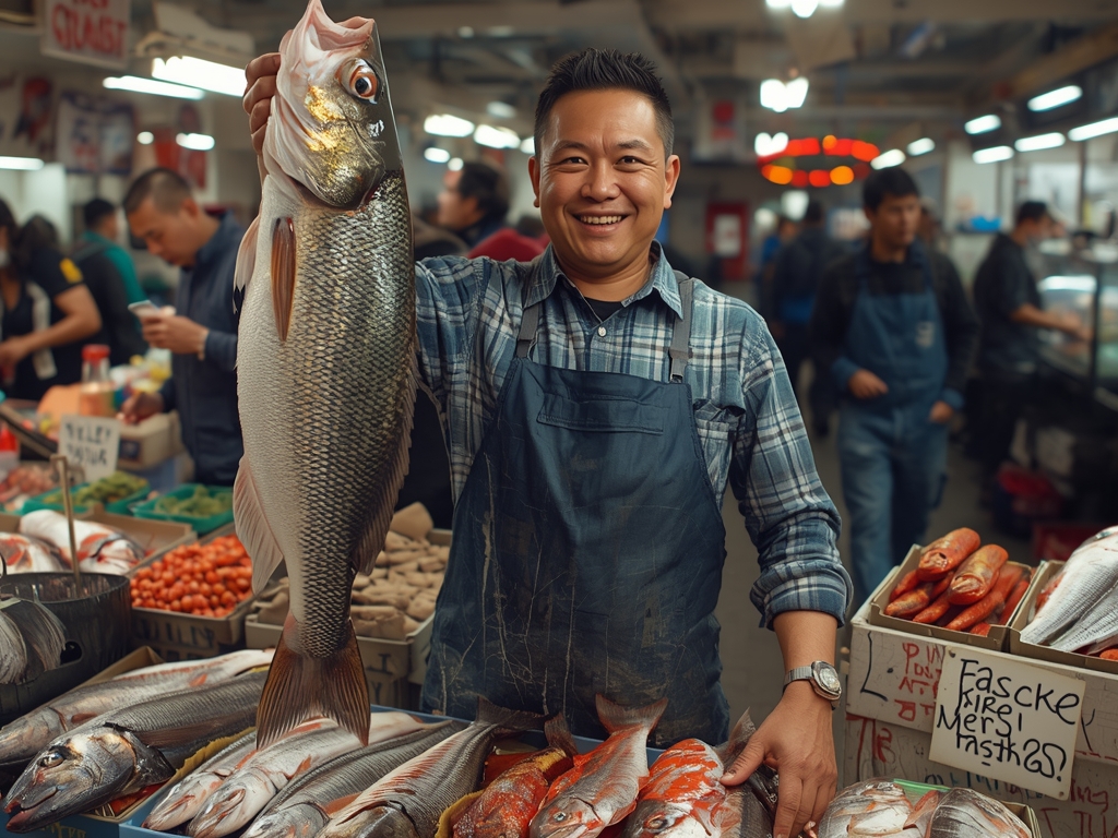A photorealistic image of a fishmonger at a bustling market,