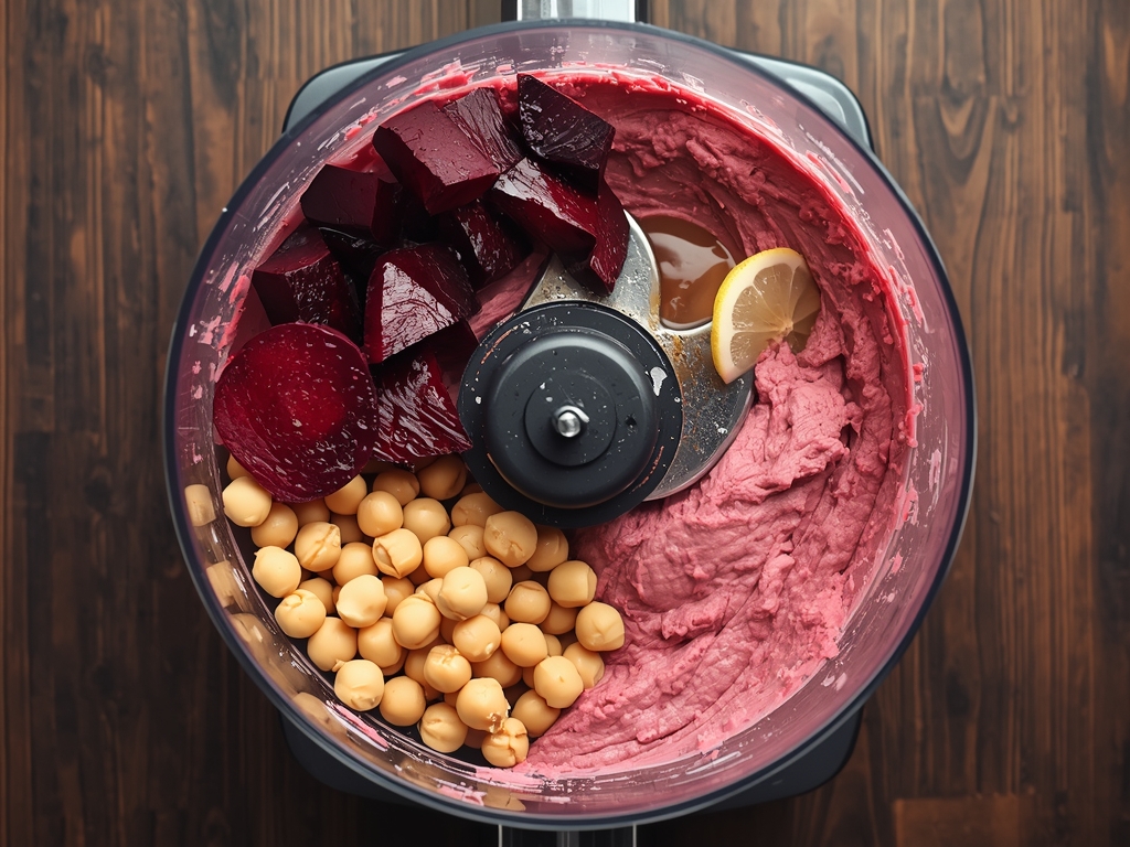 A photorealistic image of a food processor filled with chickpeas,