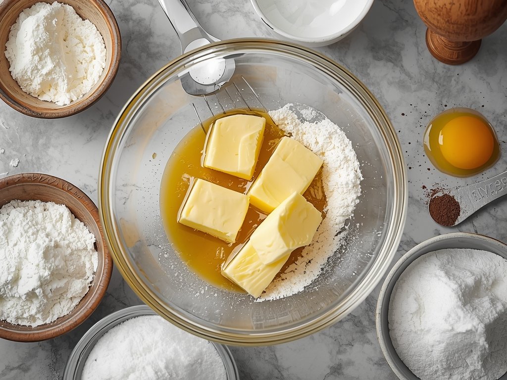 A photorealistic image of a glass bowl with softened butter,