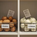 A photorealistic image of a pantry shelf with potatoes and