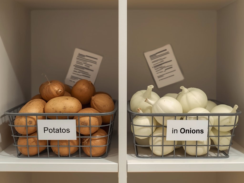 A photorealistic image of a pantry shelf with potatoes and