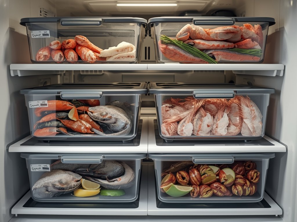A photorealistic image of a refrigerator with neatly organized containers