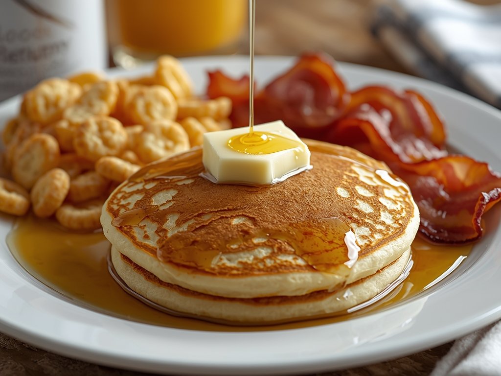A photorealistic image of a traditional American breakfast spread, featuring
