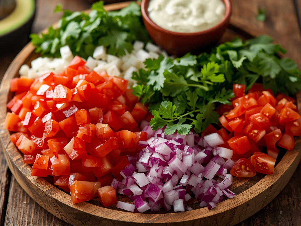 A photorealistic image of a variety of colorful taco toppings,