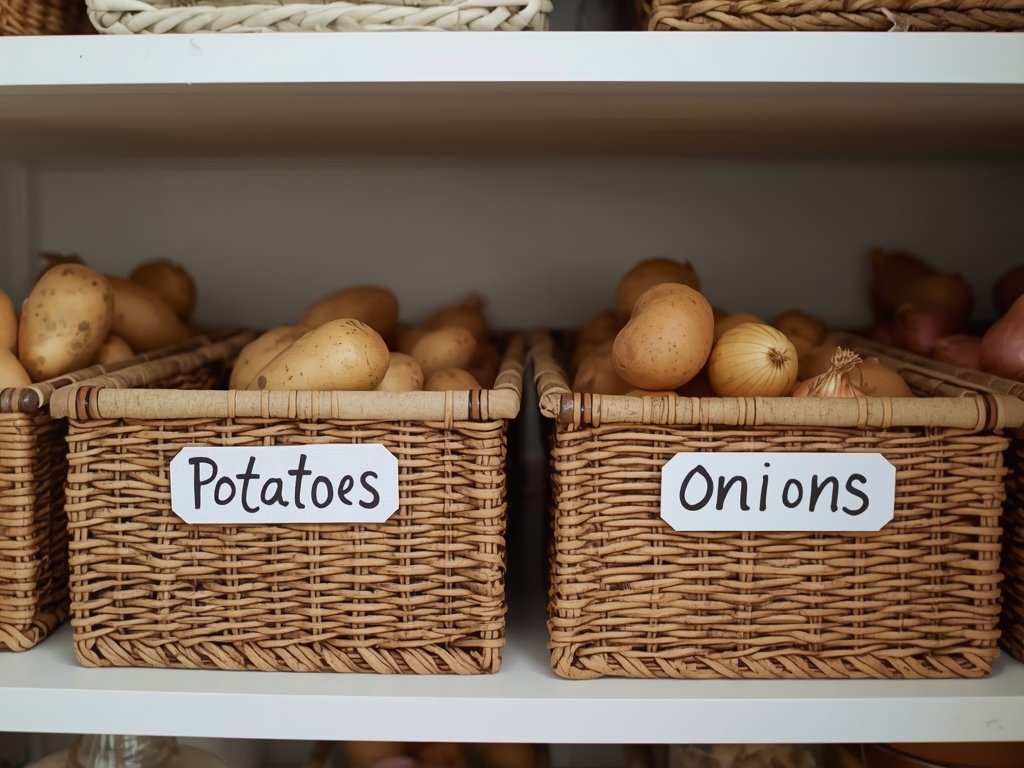 A photorealistic image of a well-organized pantry with separate storage