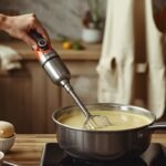 A photorealistic image of an immersion blender mid-action, blending creamy