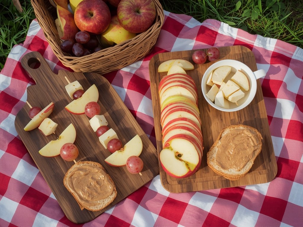 A picnic blanket with a creative lunch spread, featuring apple