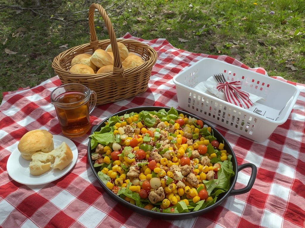 A picnic scene with a platter of Leftover Cornbread Panzanella,