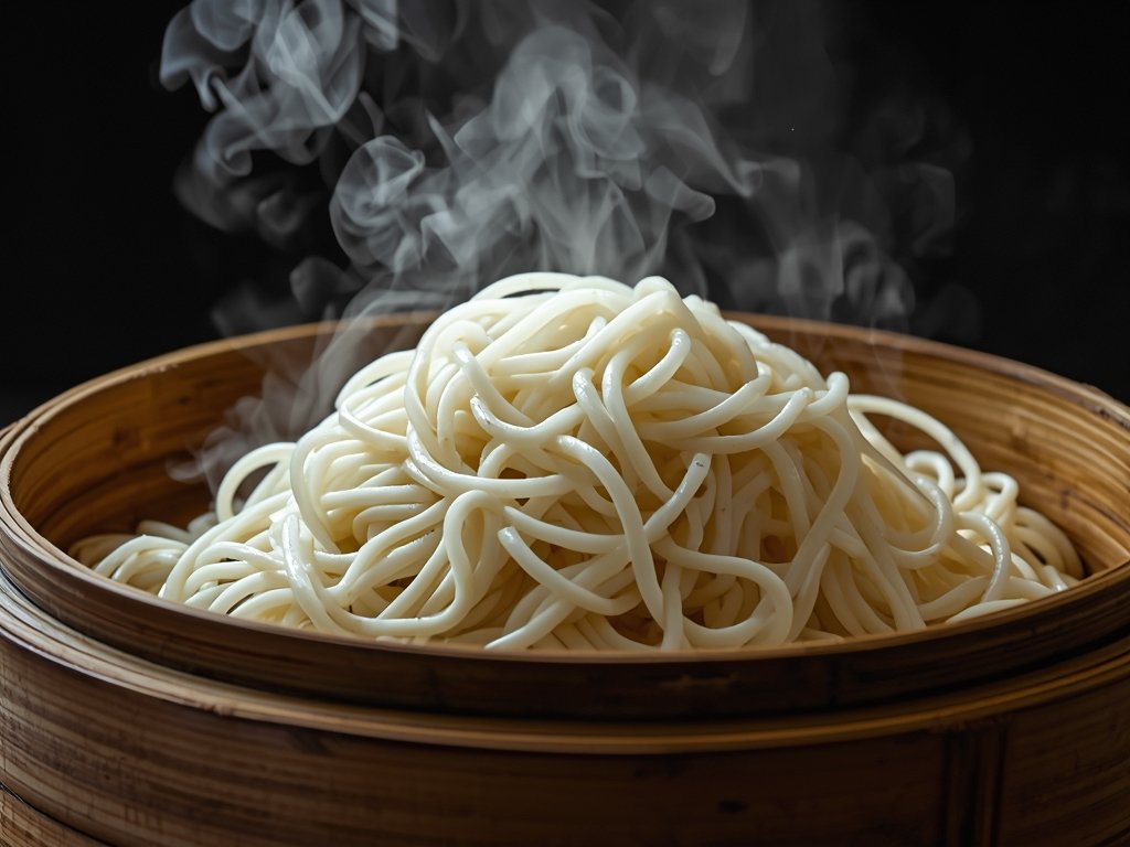 A pile of fresh ramen noodles in a bamboo steamer